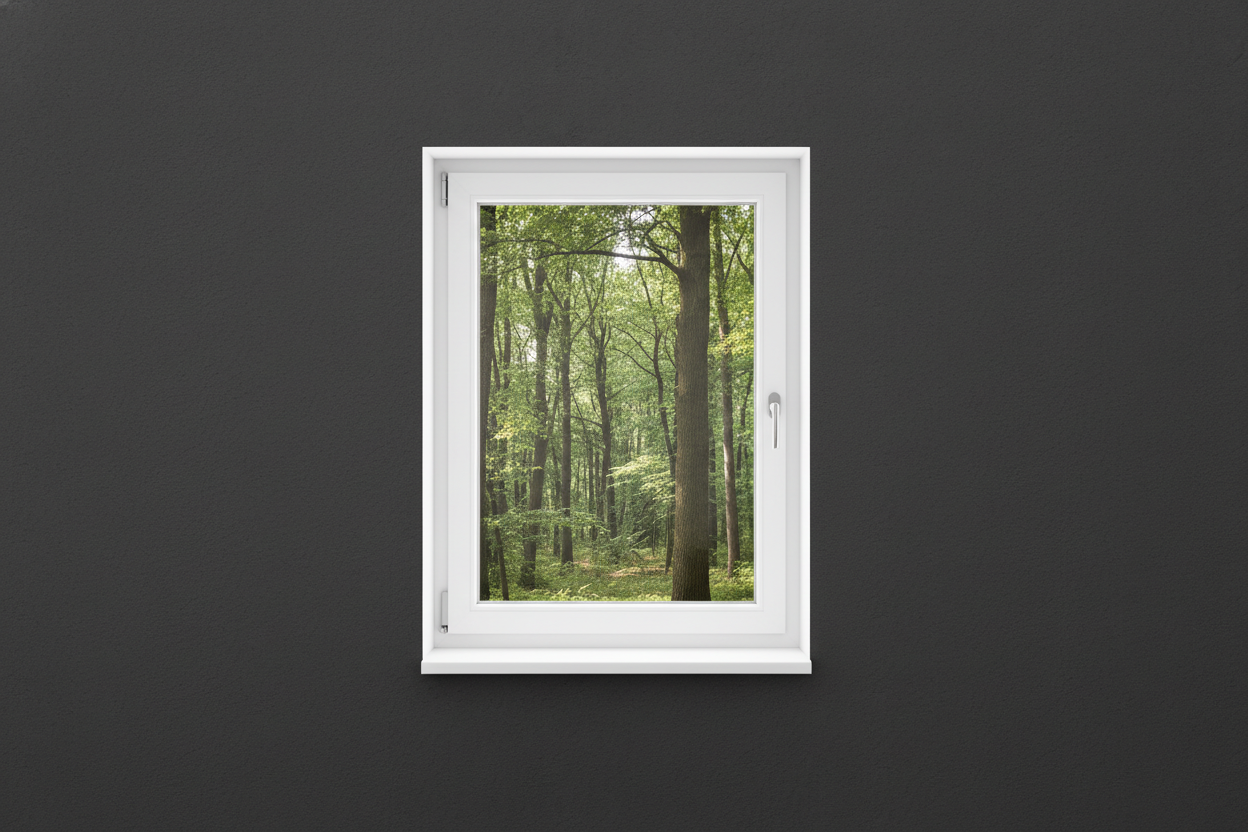 Crée une image d’une fenêtre 90 x 135, dans le même style que la photo fournie. La fenêtre blanche doit être intégrée dans un mur moderne, lisse et sombre, avec une vue sur une foret et poignée compris

La scène doit être photographiée de face, avec une perspective parfaitement droite, comme une photo d’architecture ou de produit.

La fenêtre doit avoir un cadre propre, moderne, et être bien mise en valeur par une lumière douce et naturelle. L’ambiance doit être premium, minimaliste et commerciale, blanche