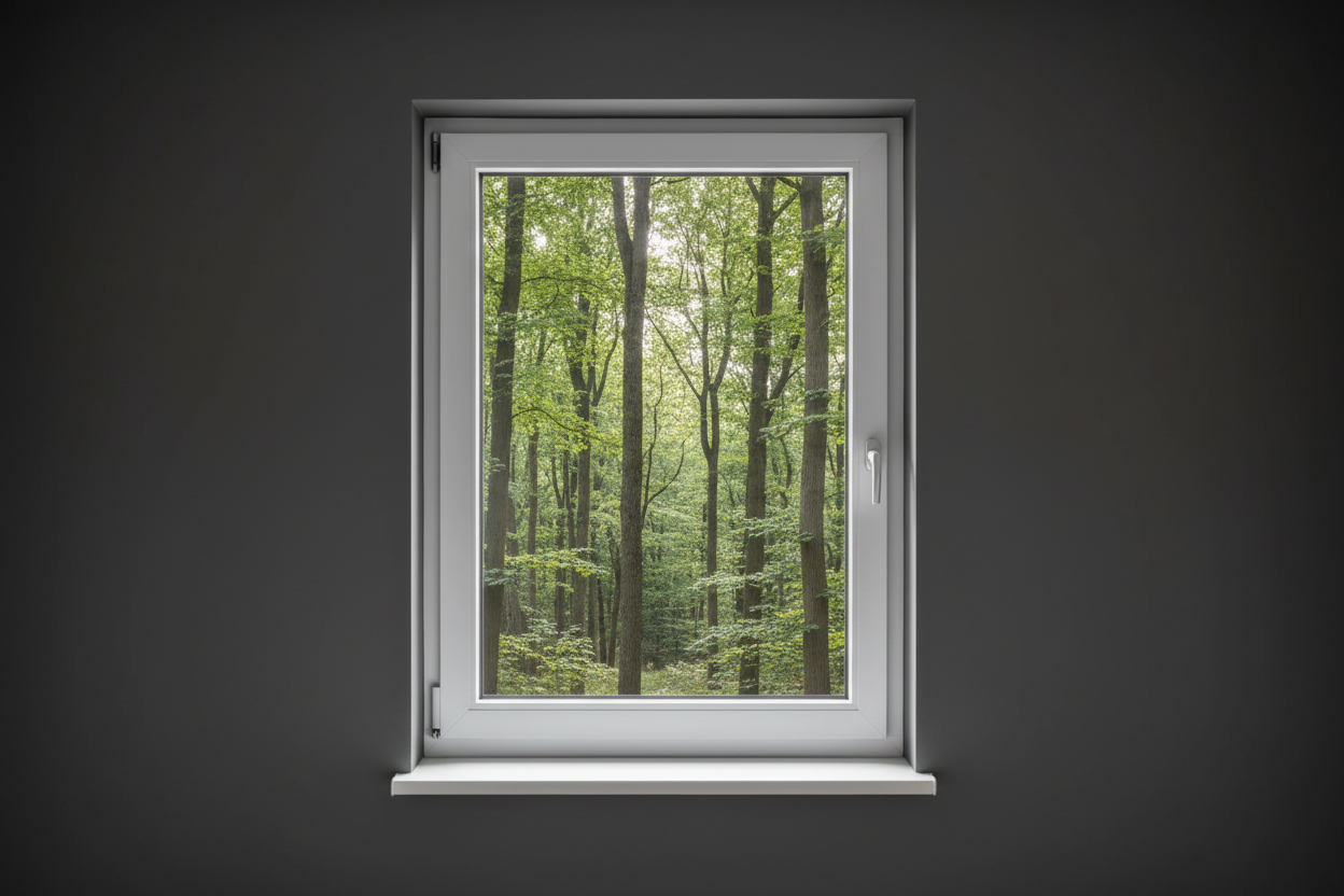 Crée une image d’une fenêtre 90 x 140, dans le même style que la photo fournie. La fenêtre blanche doit être intégrée dans un mur moderne, lisse et sombre, avec une vue sur une foret et poignée compris

La scène doit être photographiée de face, avec une perspective parfaitement droite, comme une photo d’architecture ou de produit.

La fenêtre doit avoir un cadre propre, moderne, et être bien mise en valeur par une lumière douce et naturelle. L’ambiance doit être premium, minimaliste et commerciale, blanche