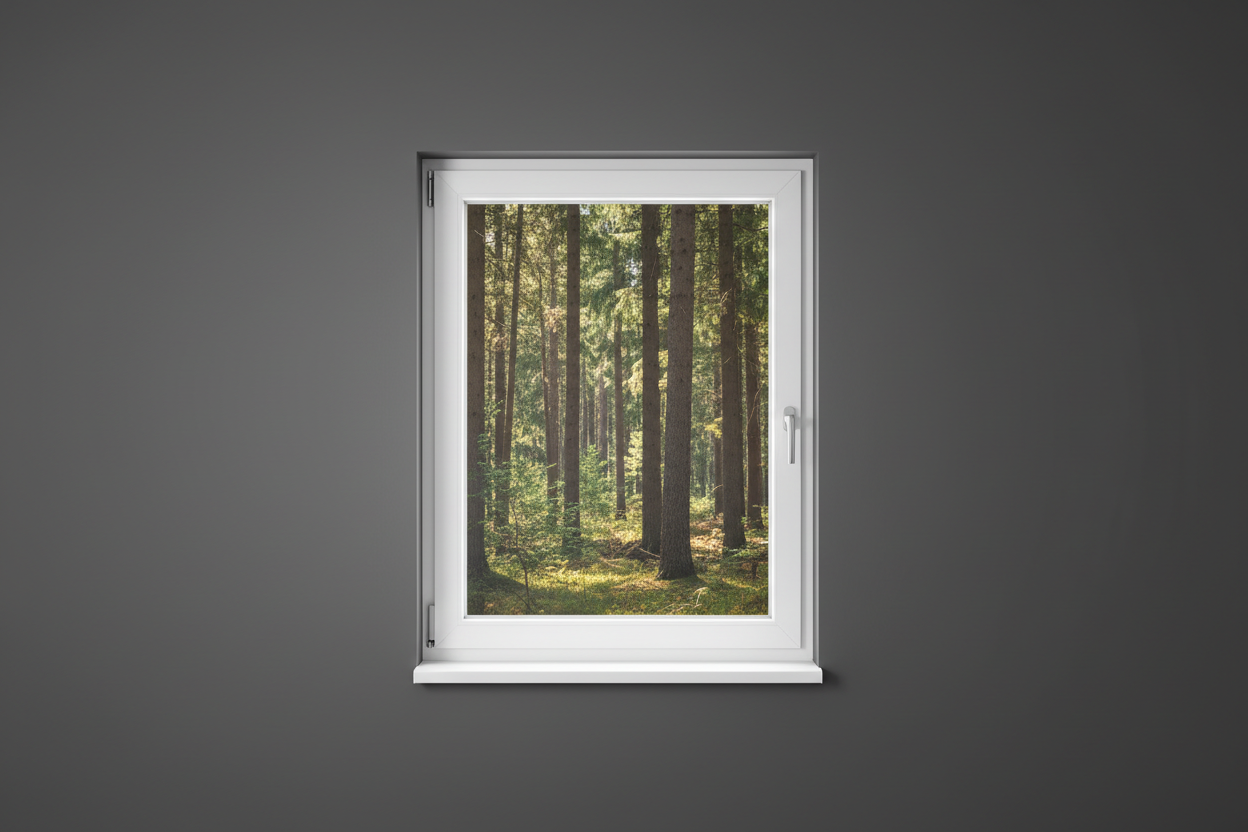 Crée une image d’une fenêtre 90 x 40, dans le même style que la photo fournie. La fenêtre blanche doit être intégrée dans un mur moderne, lisse et sombre, avec une vue sur une foret et poignée compris

La scène doit être photographiée de face, avec une perspective parfaitement droite, comme une photo d’architecture ou de produit.

La fenêtre doit avoir un cadre propre, moderne, et être bien mise en valeur par une lumière douce et naturelle. L’ambiance doit être premium, minimaliste et commerciale, blanche