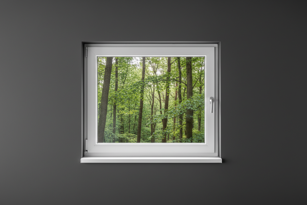 Crée une image d’une fenêtre 90 x 60, dans le même style que la photo fournie. La fenêtre blanche doit être intégrée dans un mur moderne, lisse et sombre, avec une vue sur une foret et poignée compris

La scène doit être photographiée de face, avec une perspective parfaitement droite, comme une photo d’architecture ou de produit.

La fenêtre doit avoir un cadre propre, moderne, et être bien mise en valeur par une lumière douce et naturelle. L’ambiance doit être premium, minimaliste et commerciale, blanche