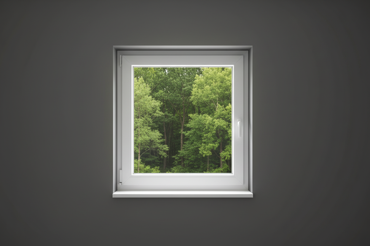 Crée une image d’une fenêtre 90 x 70, dans le même style que la photo fournie. La fenêtre blanche doit être intégrée dans un mur moderne, lisse et sombre, avec une vue sur une foret et poignée compris

La scène doit être photographiée de face, avec une perspective parfaitement droite, comme une photo d’architecture ou de produit.

La fenêtre doit avoir un cadre propre, moderne, et être bien mise en valeur par une lumière douce et naturelle. L’ambiance doit être premium, minimaliste et commerciale, blanche