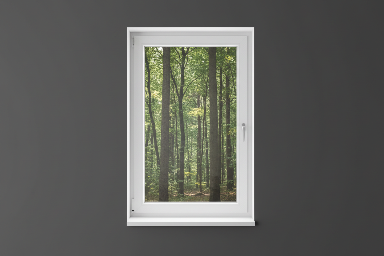 Crée une image d’une fenêtre 90 x 80, dans le même style que la photo fournie. La fenêtre blanche doit être intégrée dans un mur moderne, lisse et sombre, avec une vue sur une foret et poignée compris

La scène doit être photographiée de face, avec une perspective parfaitement droite, comme une photo d’architecture ou de produit.

La fenêtre doit avoir un cadre propre, moderne, et être bien mise en valeur par une lumière douce et naturelle. L’ambiance doit être premium, minimaliste et commerciale, blanche