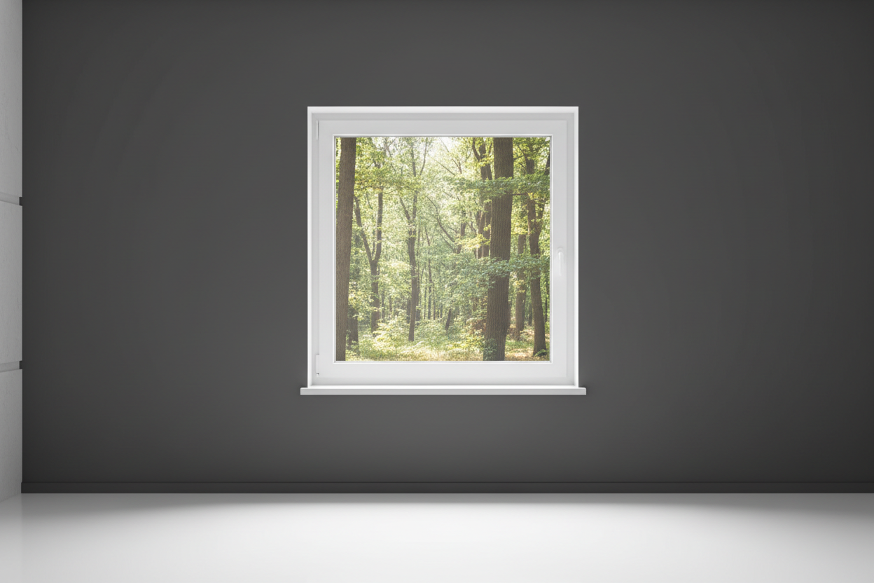 Crée une image d’une fenêtre 90 x 90, dans le même style que la photo fournie. La fenêtre blanche doit être intégrée dans un mur moderne, lisse et sombre, avec une vue sur une foret et poignée compris

La scène doit être photographiée de face, avec une perspective parfaitement droite, comme une photo d’architecture ou de produit.

La fenêtre doit avoir un cadre propre, moderne, et être bien mise en valeur par une lumière douce et naturelle. L’ambiance doit être premium, minimaliste et commerciale, blanche